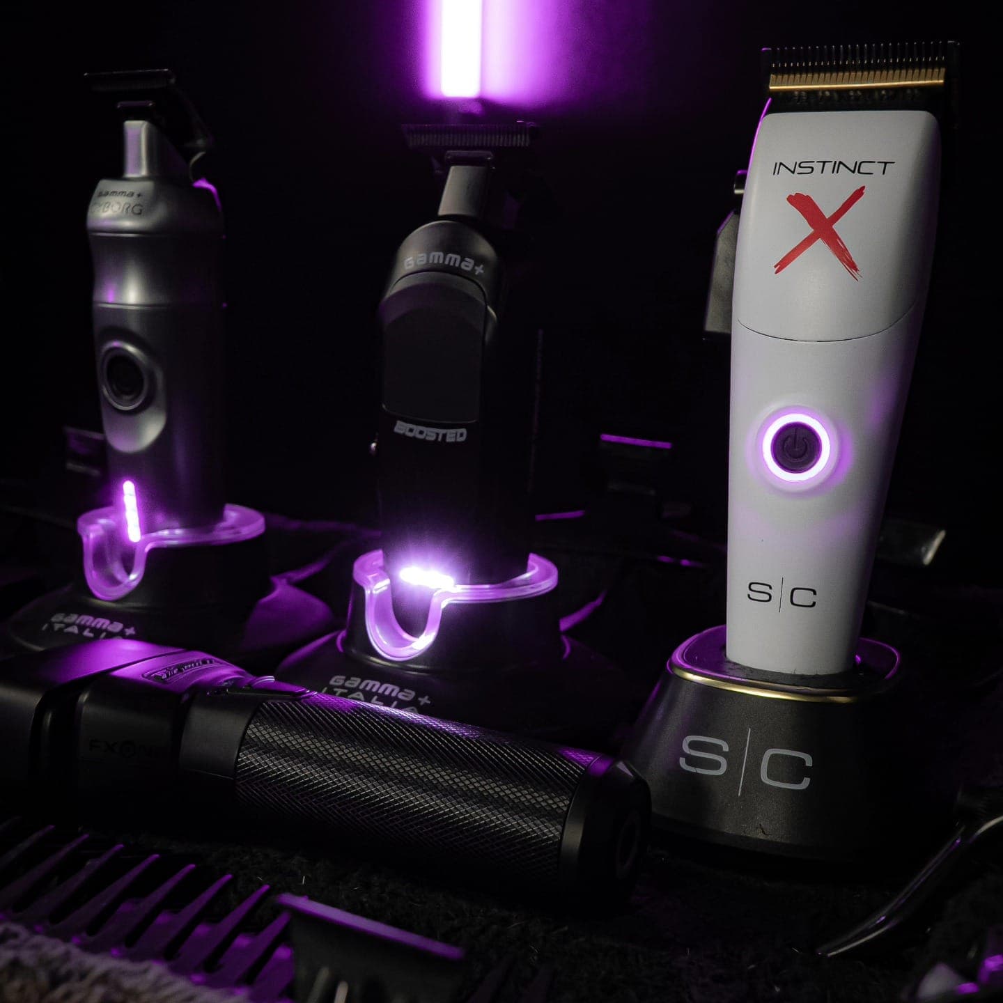 Trimmer on a charging base, purple light